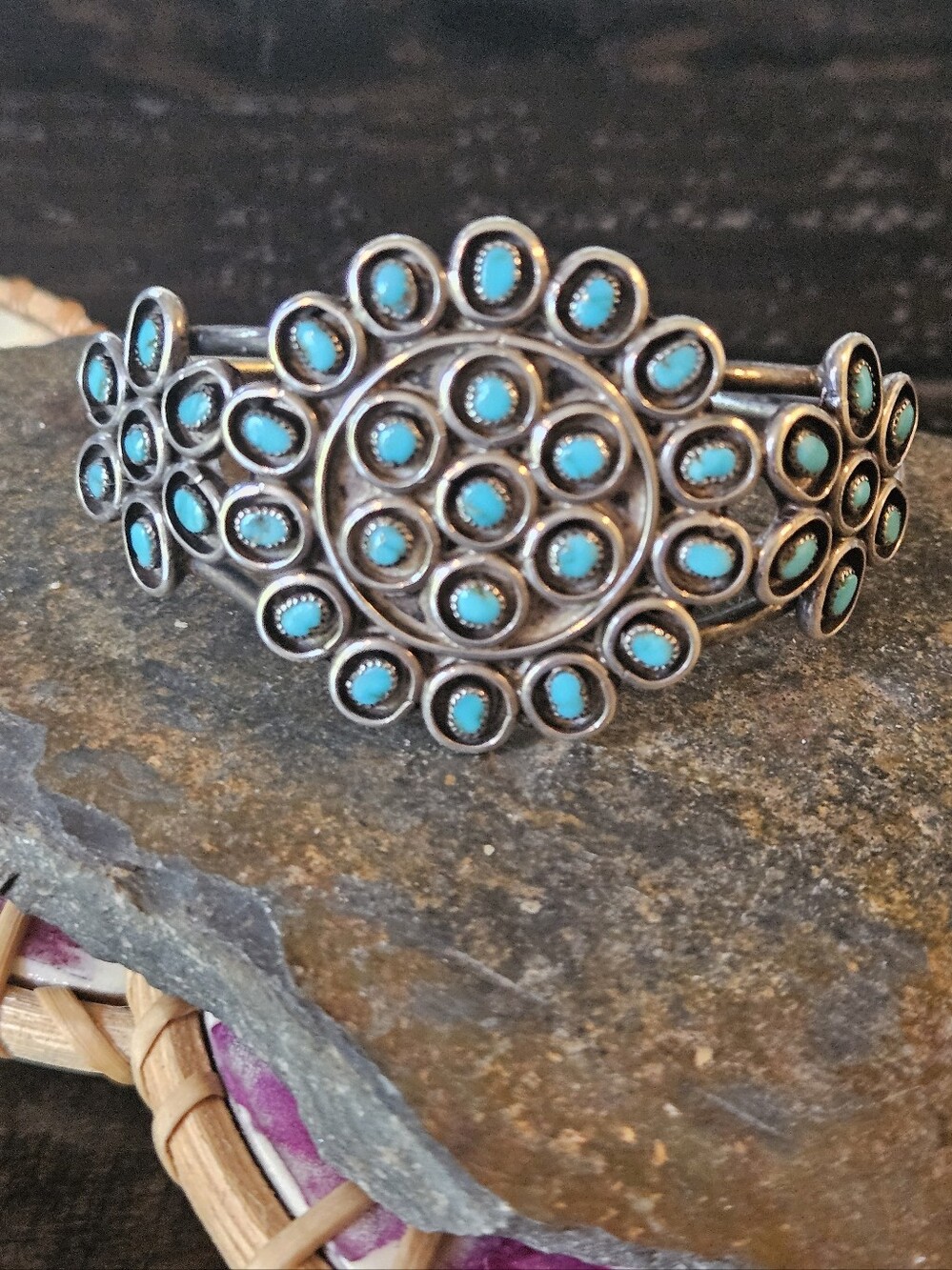 Vintage Zuni 70s Snake Eye Turquoise Cuff Bracelet